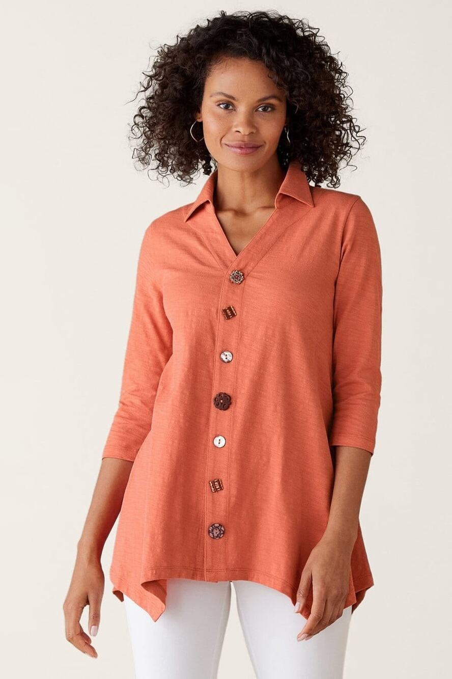 Soft Surroundings Top Small Orange Danielle 3/4 Sleeve Button Tunic